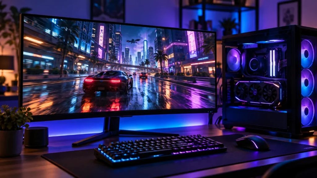 Birou de gaming seara, cu un monitor lat pe care rulează un joc într-un oraș cu lumini de neon, o tastatură iluminată și un PC cu panou de sticlă