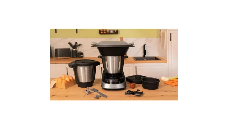 Robotul de bucătărie cu gătire Cecotec Mambo Touch, negru cu gri, cu vasul din inox, pe un blat, cu vasul Habana și accesoriile alături