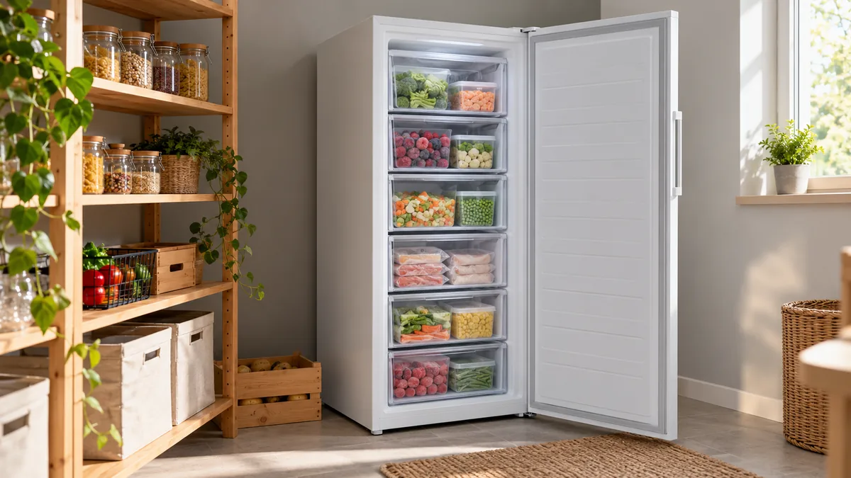 Congelator vertical alb cu ușa deschisă și sertare transparente pline cu legume și fructe congelate, într-o cămară luminoasă