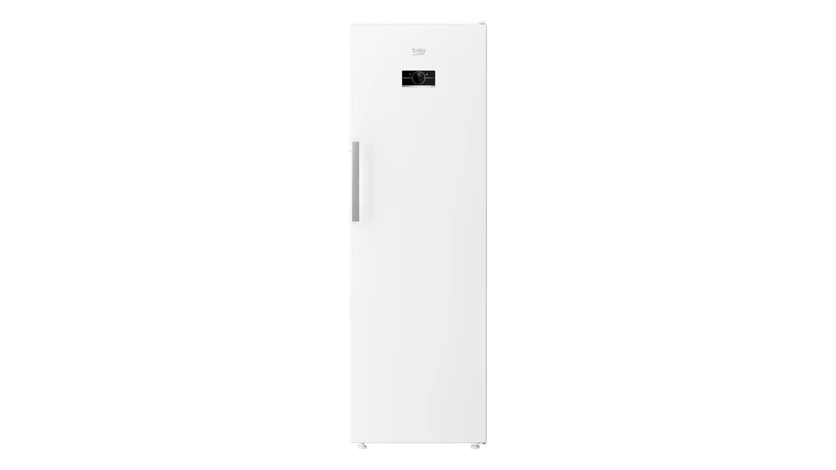 Congelator vertical Beko B5RFNE314W alb, cu afișaj pe ușă, văzut din față