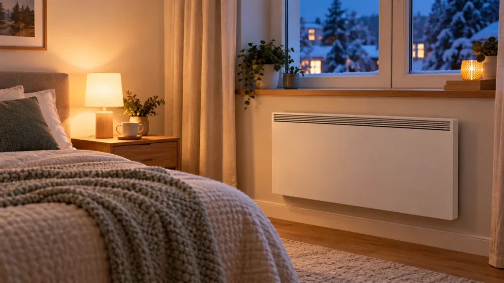 Un convector electric alb, fără marcă vizibilă, montat pe perete sub fereastra unui dormitor luminat cald, seara