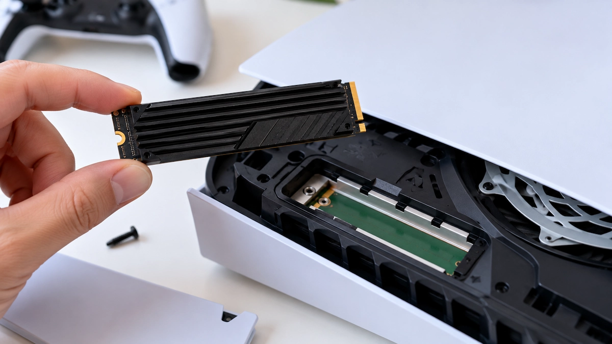 SSD M.2 cu radiator ținut deasupra slotului de extensie deschis al unei console albe