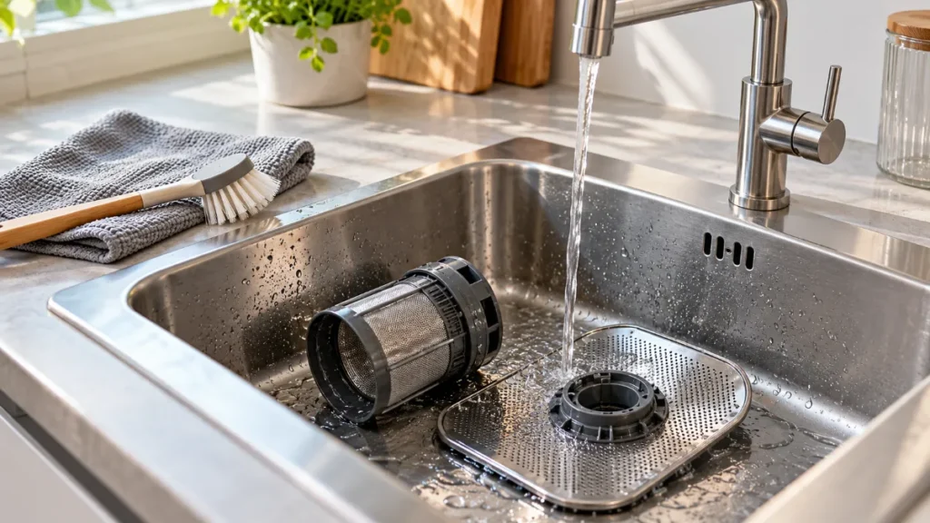 Filtrul cilindric și filtrul plat ale unei mașini de spălat vase, clătite sub jet de apă într-o chiuvetă din inox, lângă o perie moale și o lavetă gri