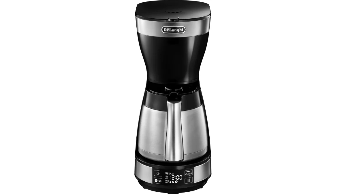 Cafetiera De’Longhi ICM16731 neagră cu inox, cu carafa termică din oțel inoxidabil montată