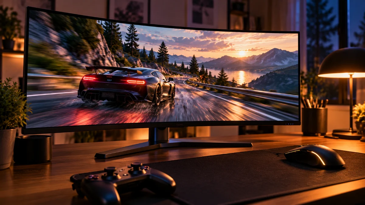 Monitor curbat pe un birou cu o scenă de curse în mișcare pe o șosea de munte, un mouse și un controller în prim-plan