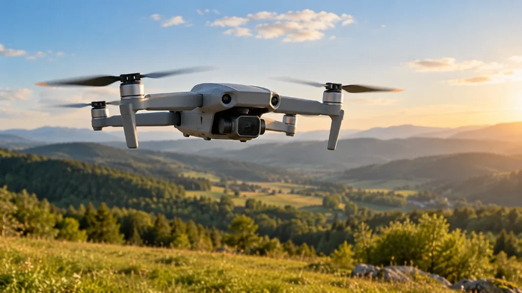 Dronă mică gri cu cameră, în zbor deasupra unei pajiști, cu dealuri și pădure în fundal