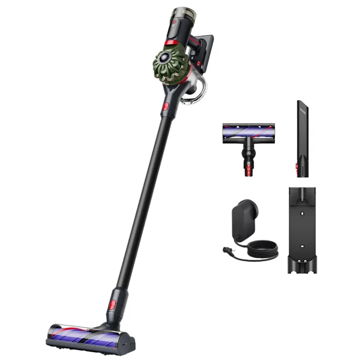 Aspirator vertical fără fir Dyson V8 Cyclone verde army cu negru, cu accesoriile incluse, pe fundal alb