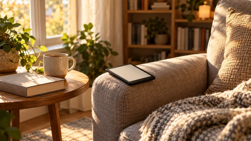Colț de citit cu un fotoliu lângă fereastră, un e-book reader generic pe brațul fotoliului, o cană și o carte de hârtie