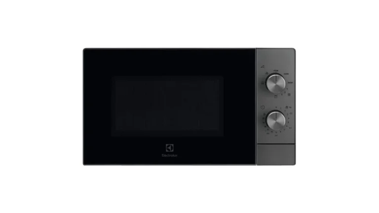 Cuptorul cu microunde Electrolux EMZ421MMTI, gri cu negru, văzut din față, cu două butoane rotative în dreapta