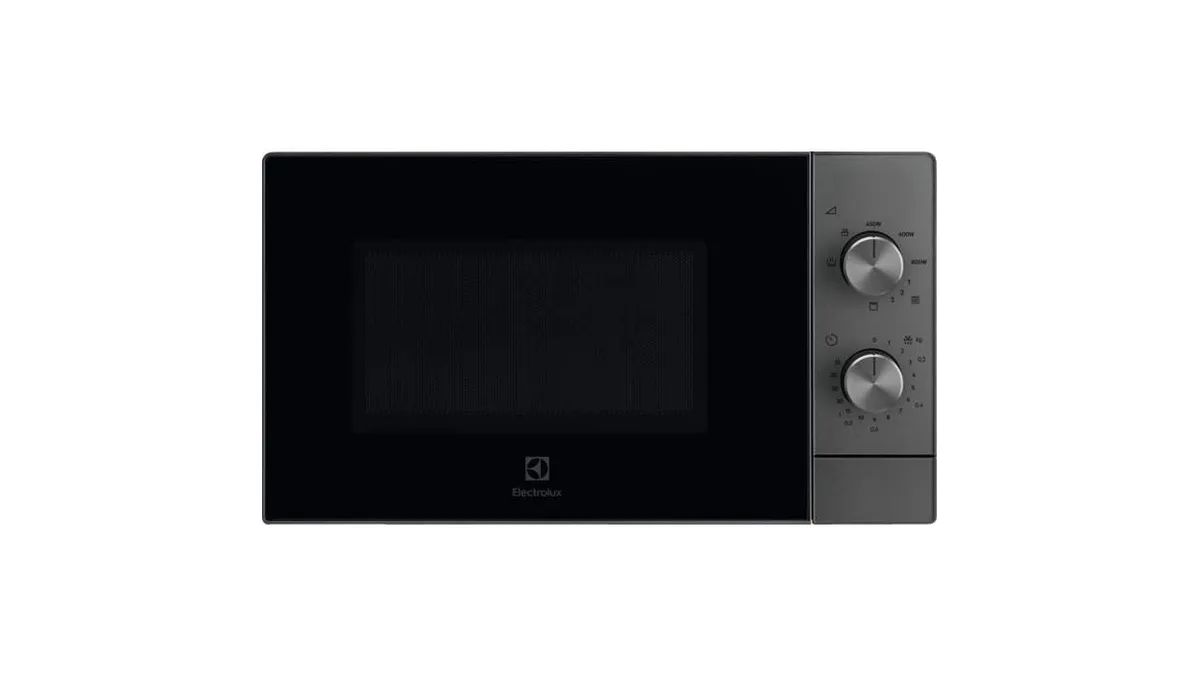 Cuptorul cu microunde Electrolux EMZ421MMTI, gri cu negru, văzut din față, cu două butoane rotative în dreapta