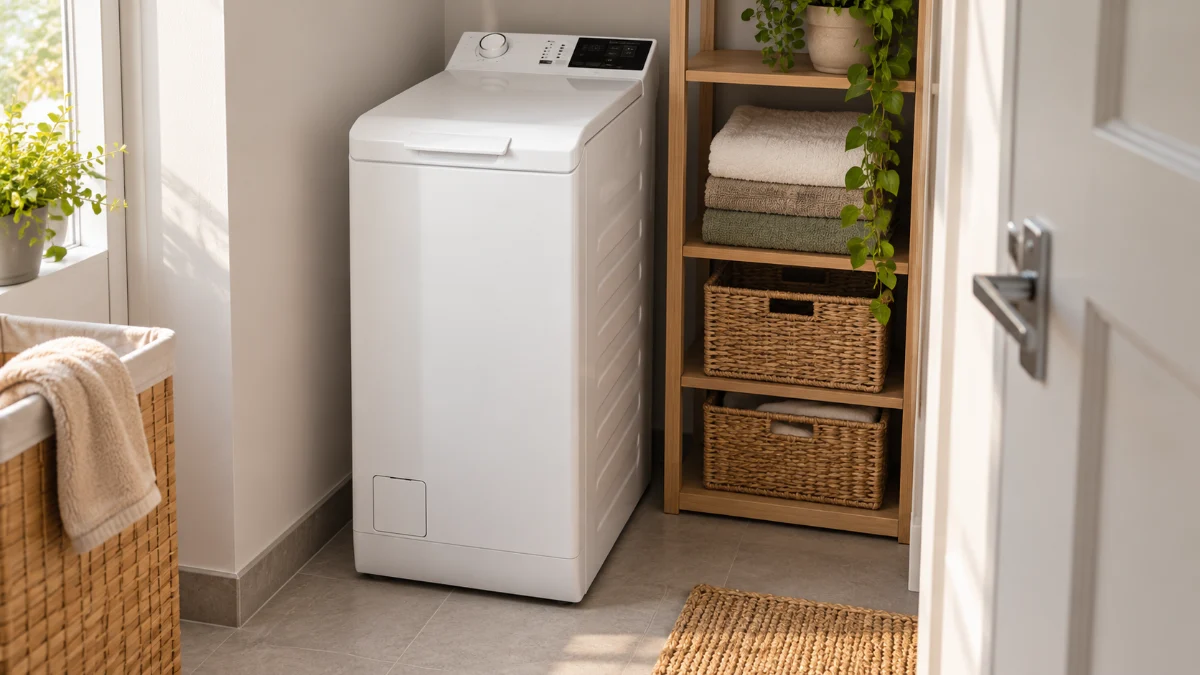 O mașină de spălat albă, îngustă, cu încărcare verticală, ca Electrolux EW6T4262E, într-o cămăruță lângă un raft cu prosoape