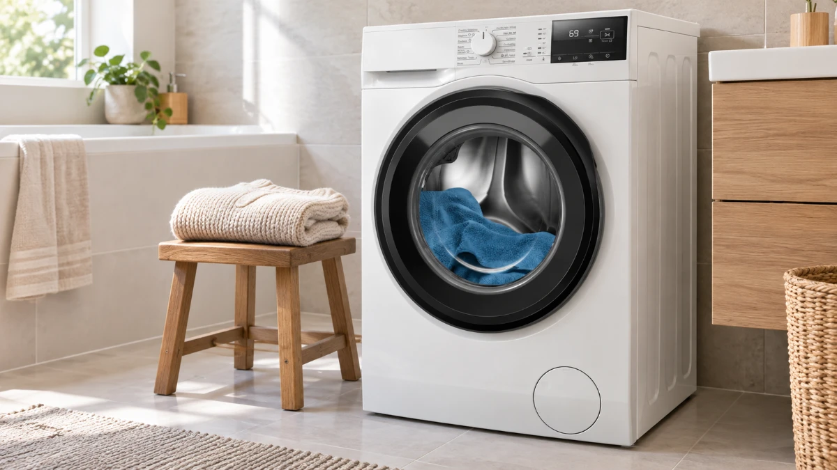 Mașina de spălat cu uscător Electrolux EW7W2612E, albă, într-o baie, lângă un scăunel cu un pulover de lână