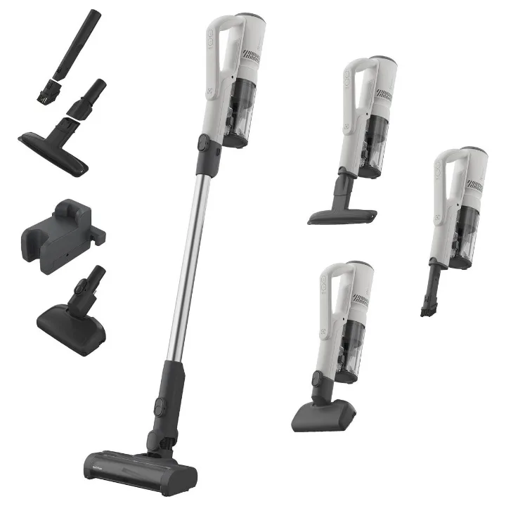 Aspirator vertical fără fir Electrolux Seria 500 EP51AH18SW alb, cu accesoriile incluse, pe fundal alb