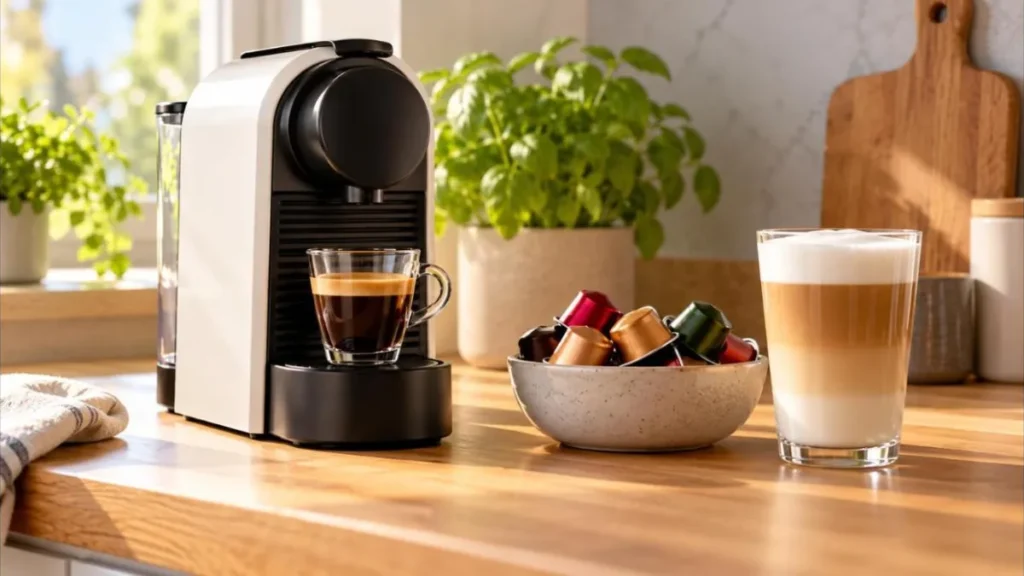Espressor cu capsule pe un blat de lemn, dimineața, cu un espresso, un bol cu capsule colorate și un latte într-un pahar înalt