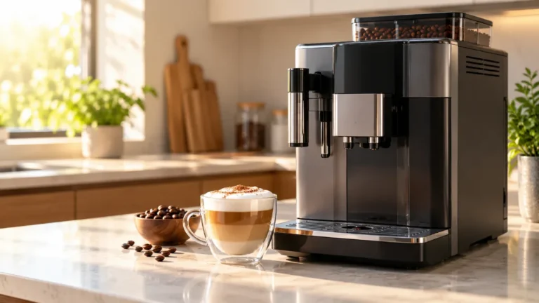 Espressor automat argintiu pe un blat de bucătărie, lângă un cappuccino într-o cană de sticlă și boabe de cafea