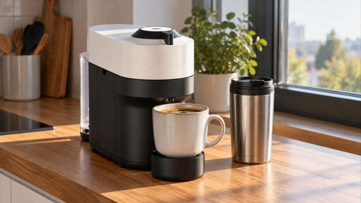 Espressor cu capsule alb cu negru pe un blat de lemn lângă fereastră, dimineața, cu o cană mare de cafea și un termos de drum