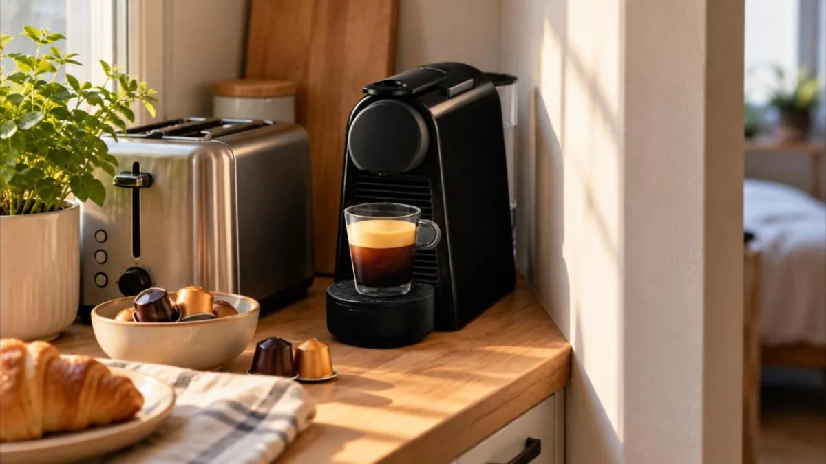 Espressor cu capsule compact negru pe blatul îngust al unei bucătării mici, dimineața, lângă un espresso și un prăjitor de pâine