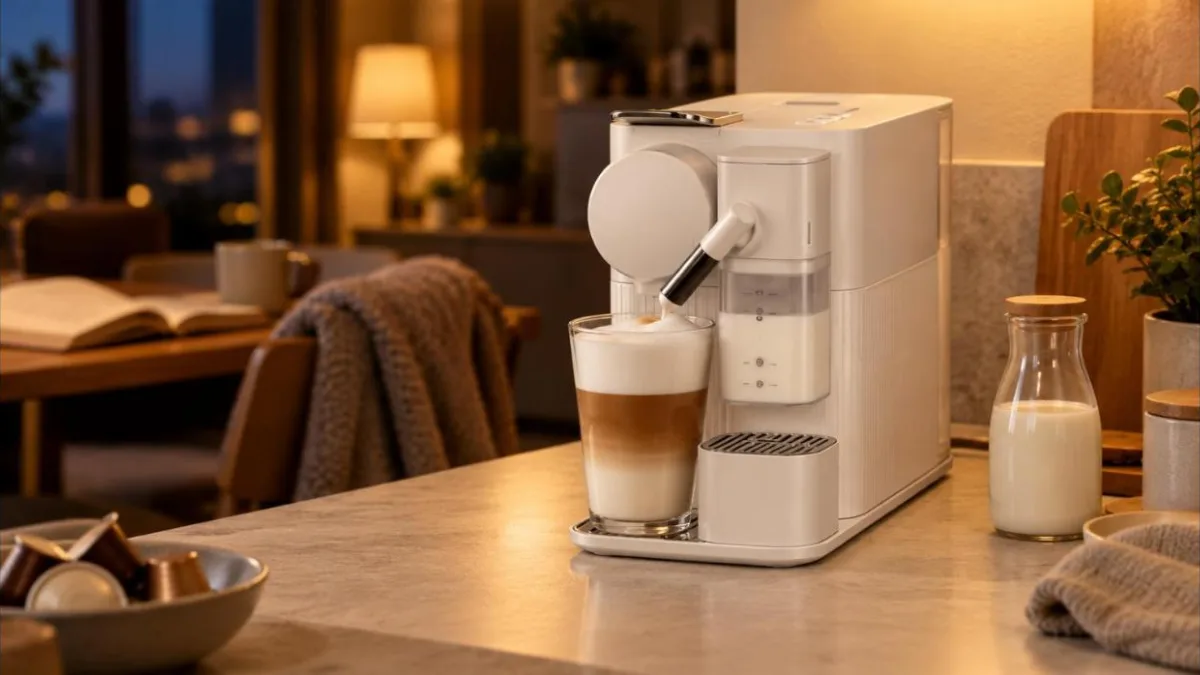 Espressor cu capsule alb cu rezervor de lapte, seara, într-o bucătărie caldă, lângă un pahar cu cafea cu lapte și o sticlă de lapte
