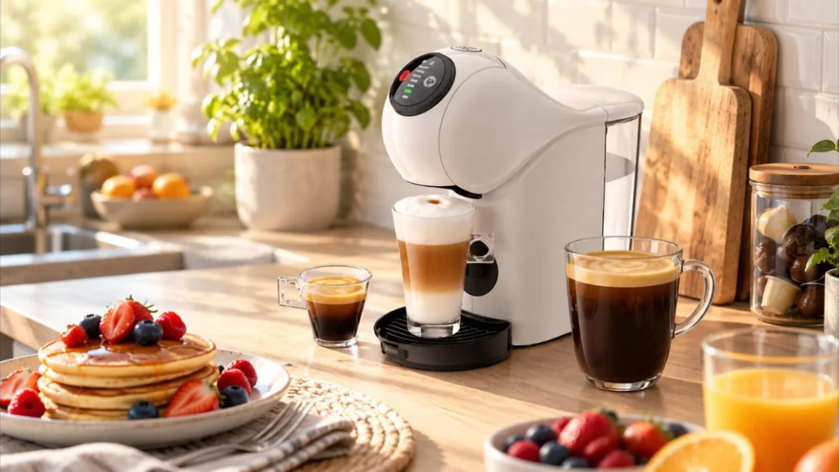 Espressor cu capsule alb pe blatul unei bucătării de familie, la micul dejun de weekend, cu un latte macchiato într-un pahar înalt