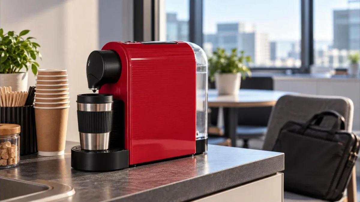Espressor cu capsule roșu pe blatul unei bucătării de birou, dimineața, cu un pahar de cafea de luat la drum sub duză