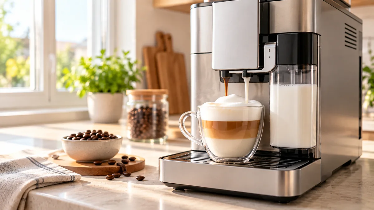 Espressor automat argintiu cu carafă de lapte, turnând un cappuccino într-o cană de sticlă