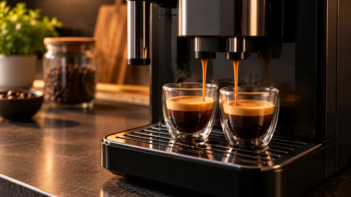 Două cești mici de espresso umplute deodată de un espressor automat negru