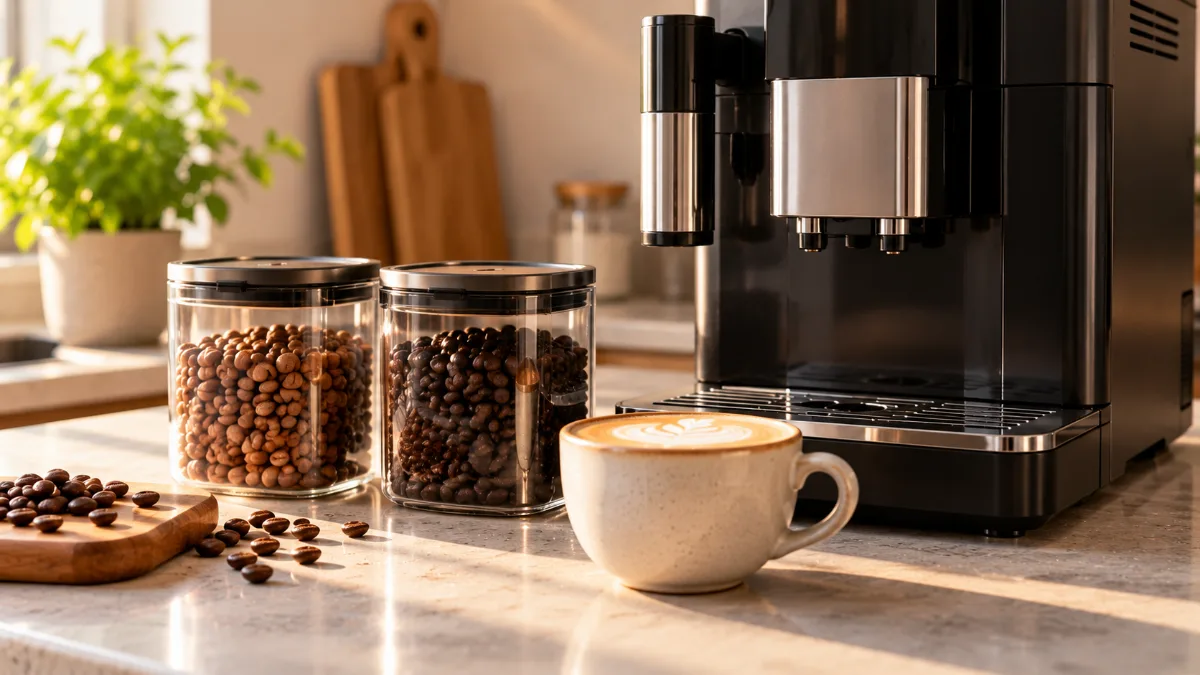 Două recipiente cu boabe de cafea lângă un espressor automat negru și o ceașcă de flat white