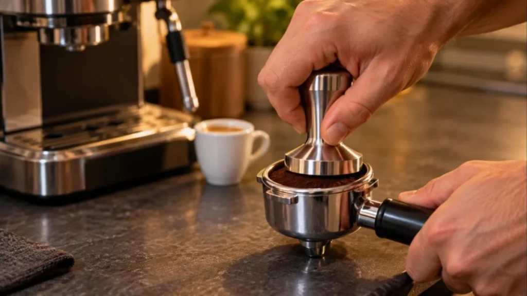 Două mâini care tasează cafea măcinată într-un portafiltru din inox, pe un blat de ardezie, cu un espressor și o ceașcă albă în fundal