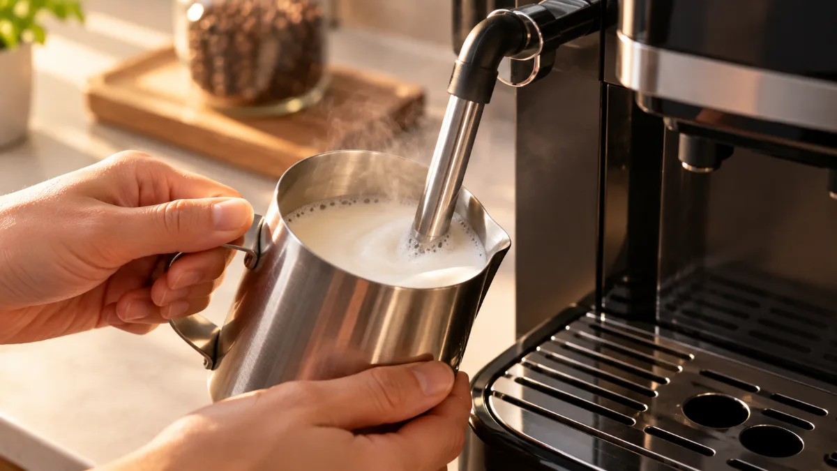 Duza de abur a unui espressor automat negru spumând lapte într-o cană de inox