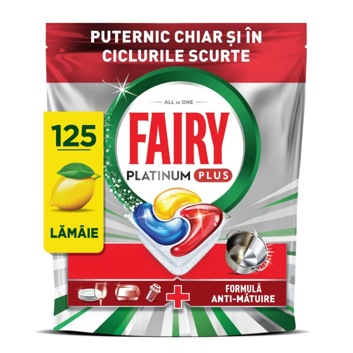 Capsulele Fairy Platinum Plus Anti-Dull pentru mașina de spălat vase, 125 de spălări