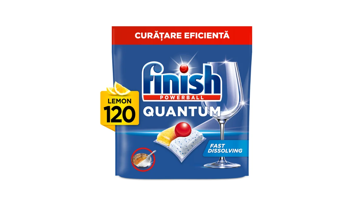 Punga de capsule Finish Powerball Quantum Lemon pentru mașina de spălat vase, 120 de spălări, pe fundal alb
