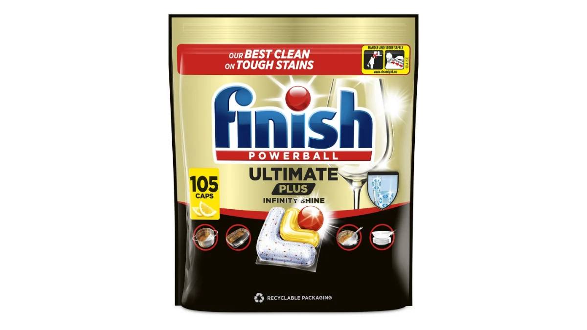 Punga de capsule Finish Powerball Ultimate Plus Infinity Shine Lemon pentru mașina de spălat vase, 105 spălări, pe fundal alb