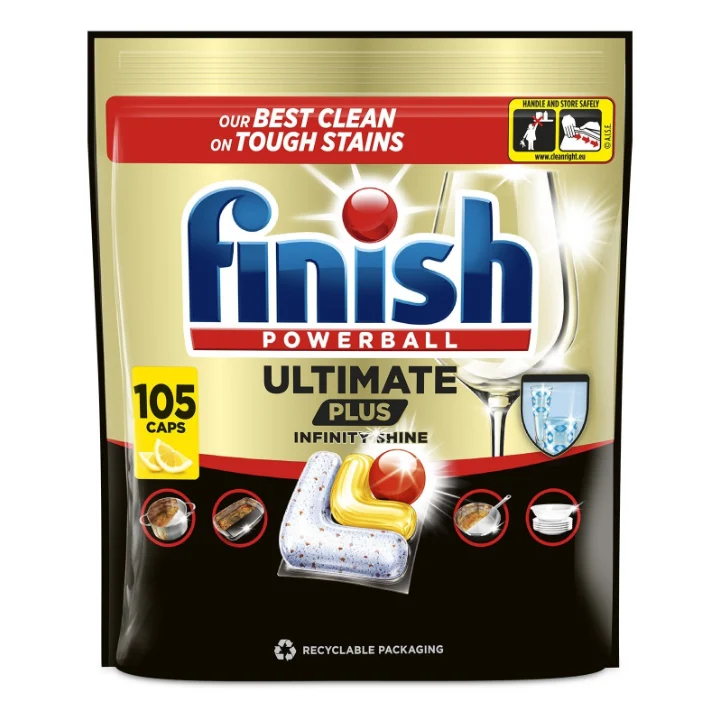 Capsulele Finish Ultimate Plus Infinity Shine Lemon pentru mașina de spălat vase, 105 spălări
