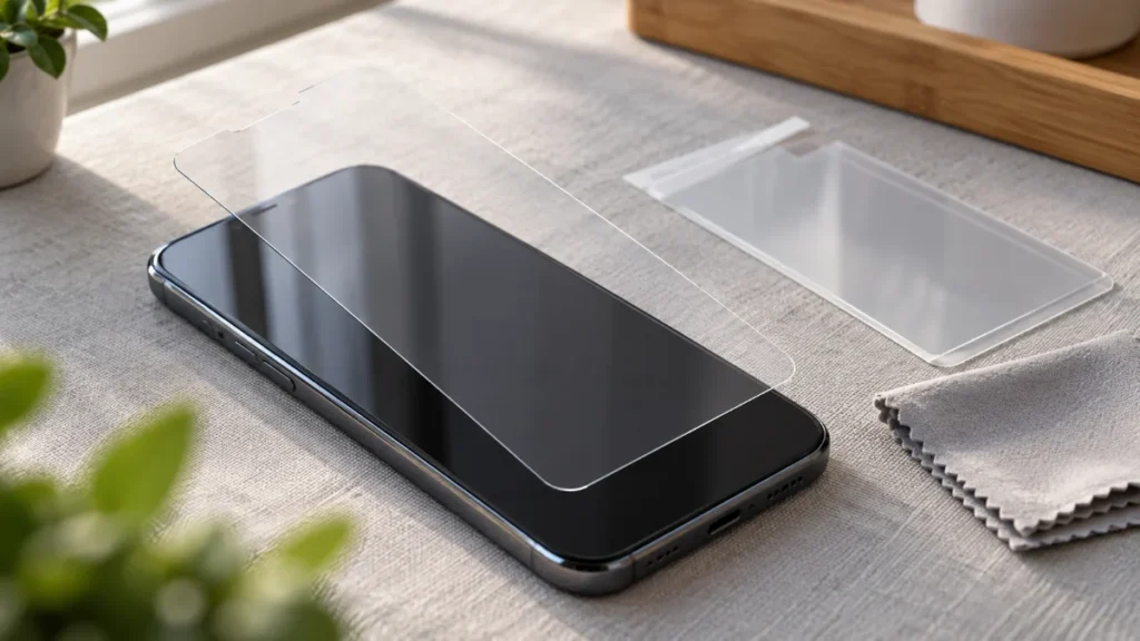 Telefon fără marcă pe un birou, cu o folie transparentă de sticlă deasupra ecranului și o folie flexibilă alături