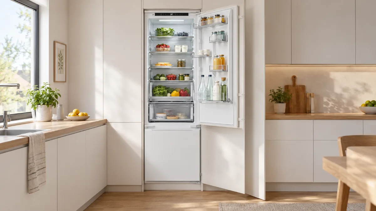 Combină frigorifică încorporabilă deschisă într-o coloană albă de mobilier, într-o bucătărie luminoasă, dimineața