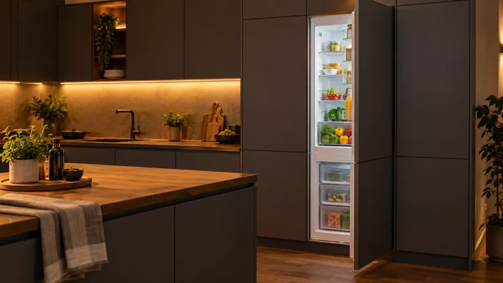 Bucătărie modernă gri-ardăsie, seara, cu o coloană înaltă de mobilier deschisă spre o combină frigorifică încorporabilă luminată