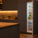 Bucătărie modernă gri-ardăsie, seara, cu o coloană înaltă de mobilier deschisă spre o combină frigorifică încorporabilă luminată