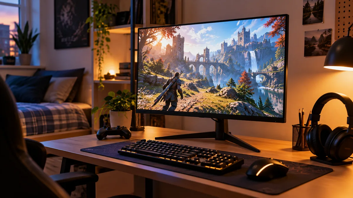 Monitor de gaming de 27 inch pe biroul compact al unei camere de student, în lumina caldă de seară
