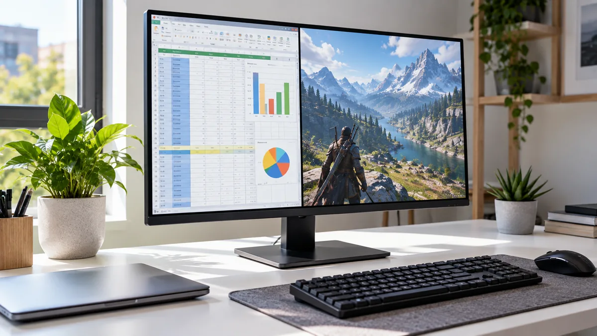 Monitor de 27 inch pe un birou alb luminos, cu un tabel și un joc afișate în paralel pe ecran