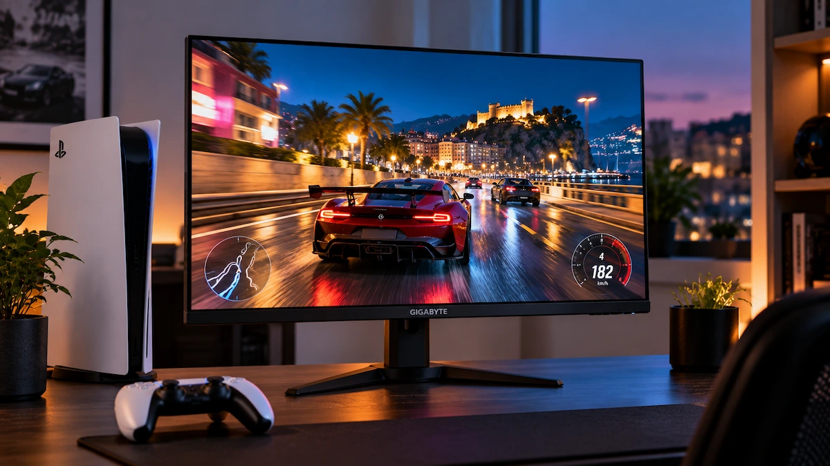Monitor Gigabyte G27UP pe un birou, lângă o consolă și un controller, cu un joc de curse pe ecran