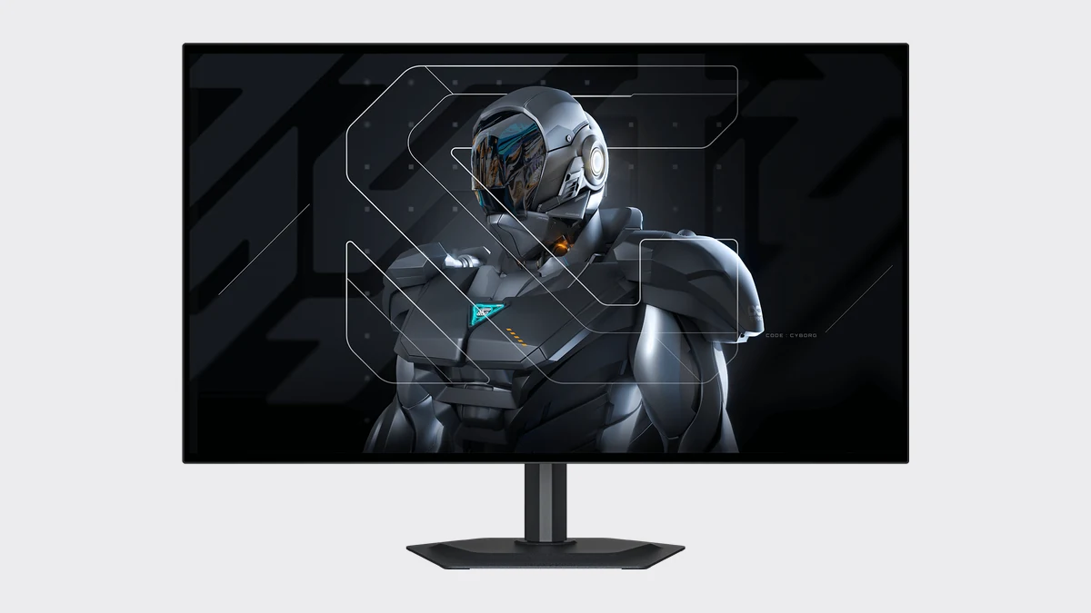 Monitorul de gaming Gigabyte MO27Q28G OLED văzut din față, pe suportul negru
