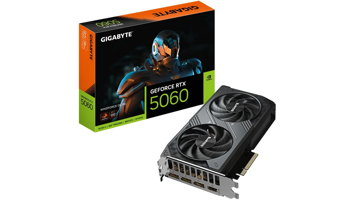 Placa video Gigabyte GeForce RTX 5060 WINDFORCE OC 8G, neagră, cu două ventilatoare, lângă cutia ei