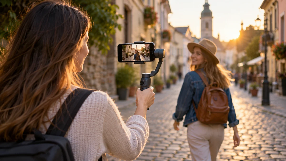 Femeie care filmează pe o stradă pietonală, la apus, cu un telefon prins pe un gimbal gri fără marcă