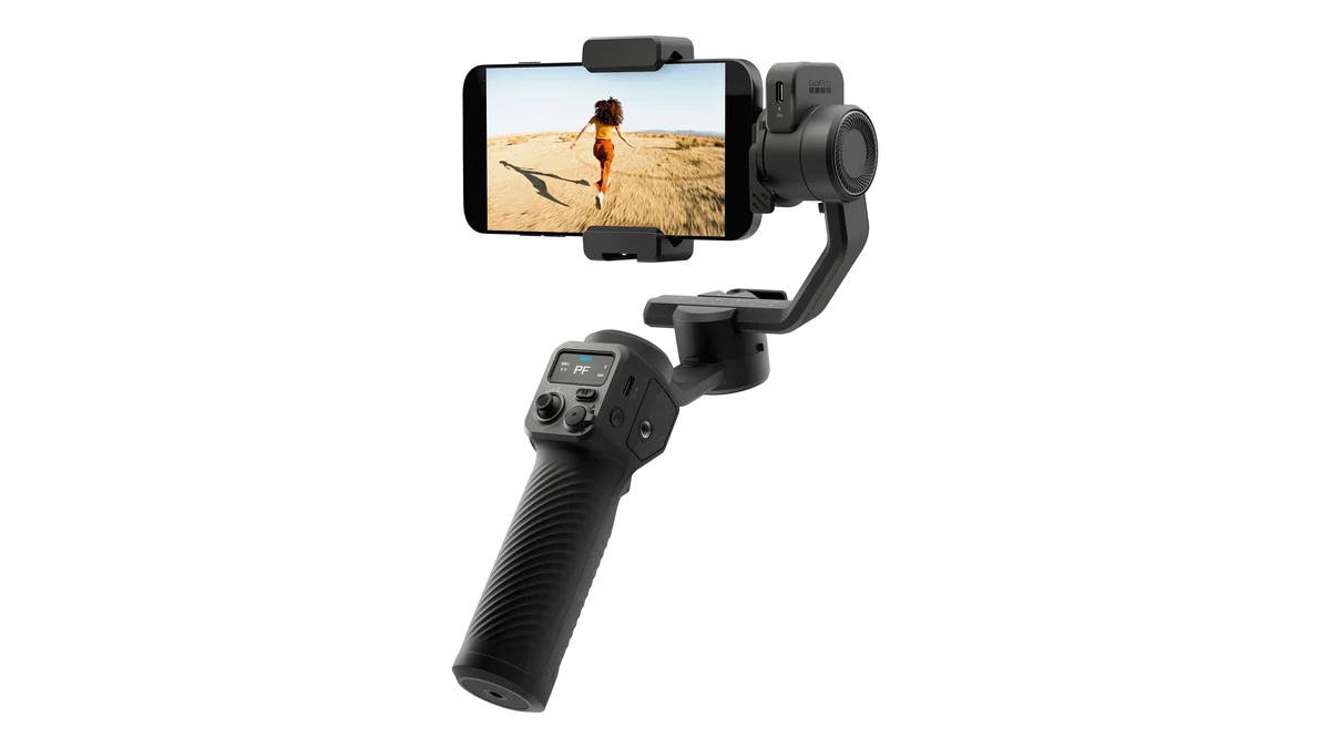 Gimbalul GoPro Fluid Pro AI, negru, cu un telefon prins orizontal în suport