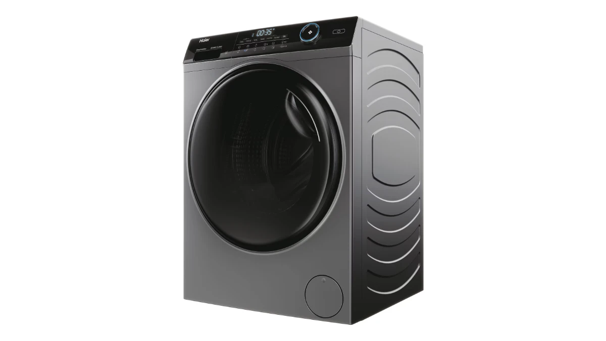 Mașina de spălat cu uscător Haier HWD80-B14959S8U1S, gri antracit, văzută din trei sferturi