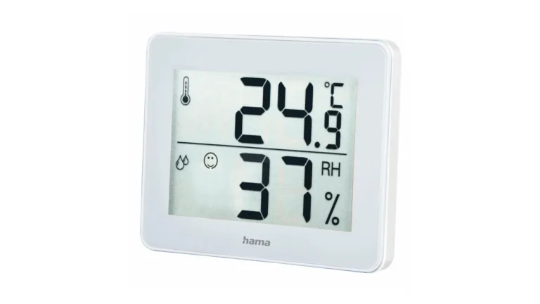 Termohigrometrul Hama TH-130 alb, cu temperatura sus și umiditatea jos pe ecranul mare