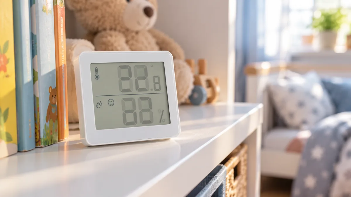 Un termohigrometru alb, plat și pătrat, de forma lui Hama TH-130, pe un raft dintr-o cameră de copil, lângă cărți și un ursuleț de pluș