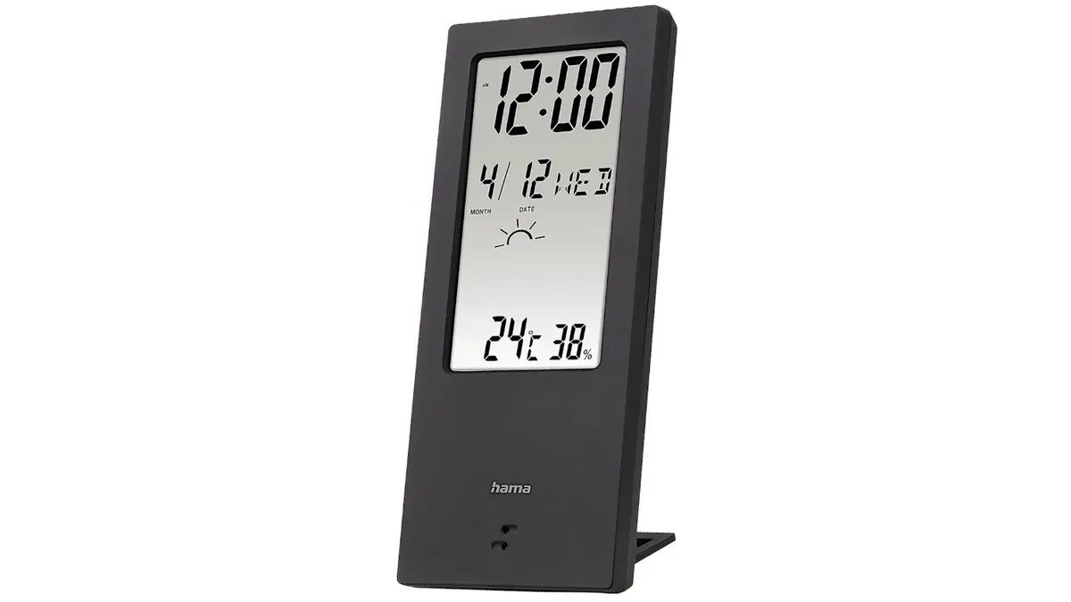 Termohigrometrul Hama TH-140 negru, cu ecran transparent pe care apar ora, data și temperatura