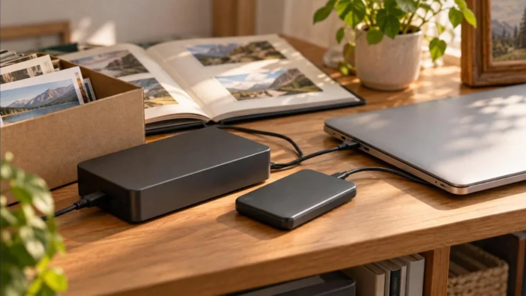 Două hard diskuri externe fără inscripții, unul portabil și unul de birou, conectate la un laptop închis, pe o masă de lemn lângă o cutie cu fotografii și un album foto