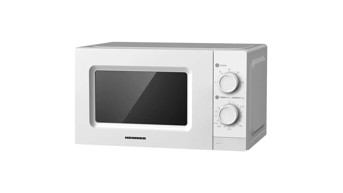 Cuptorul cu microunde Heinner HMW-MD20MWH, alb, văzut din față, cu două butoane rotative